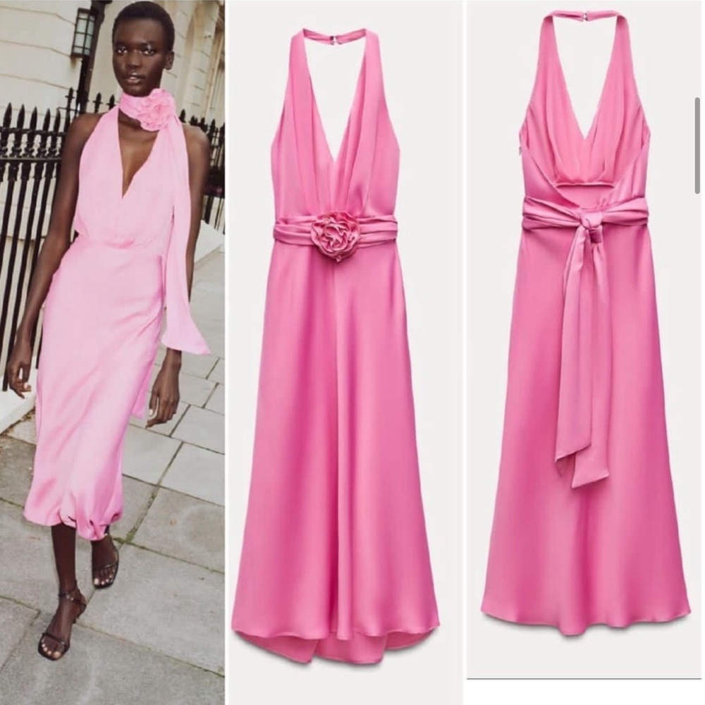 ZARA FLORAL SATIN EFFECT MIDI DRESS Size M NWT